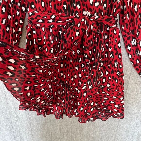 A.L.C. Michaela 100% Silk Red Cheetah Print Ballon Sleeve True Wrap Mini Dress - Picture 8 of 17